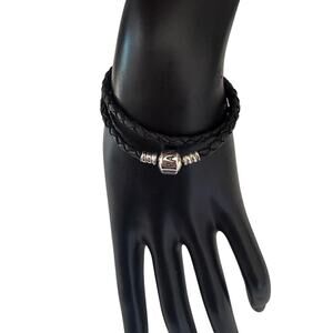 Pandora Moments Double Black  Leather and Silver Bracelet, 7"